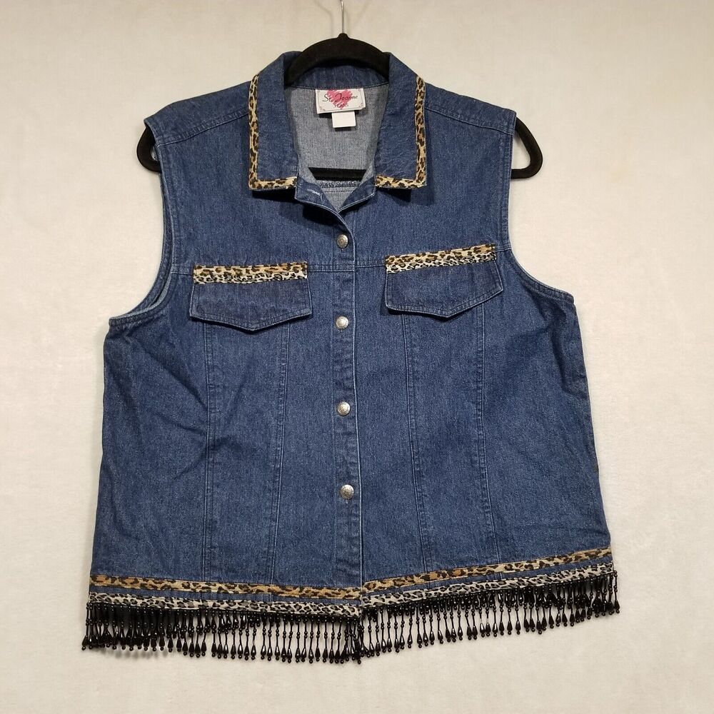 Vtg St. Joanne M/L Top Vest Blue Denim Leopard Beaded Fringe Boho Festival FLAW